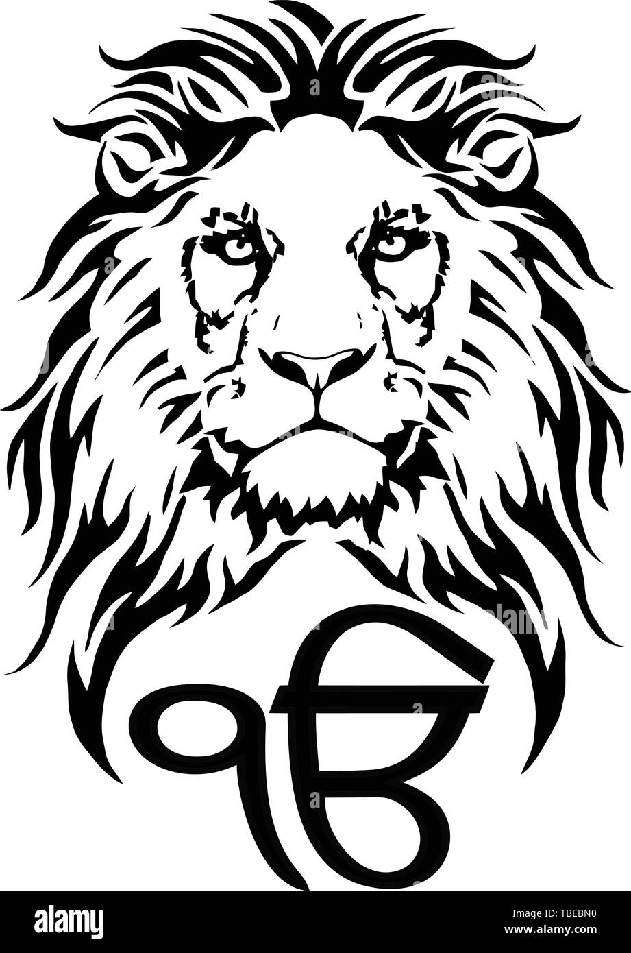 Melden Ek Onkar ist das wichtigste Symbol des Sikhismus, mit einem Löwen verziert mit langer Mähne, auf einem weißen Hintergrund, isoliert, Zeichnung für Tattoo, Stock Vektor