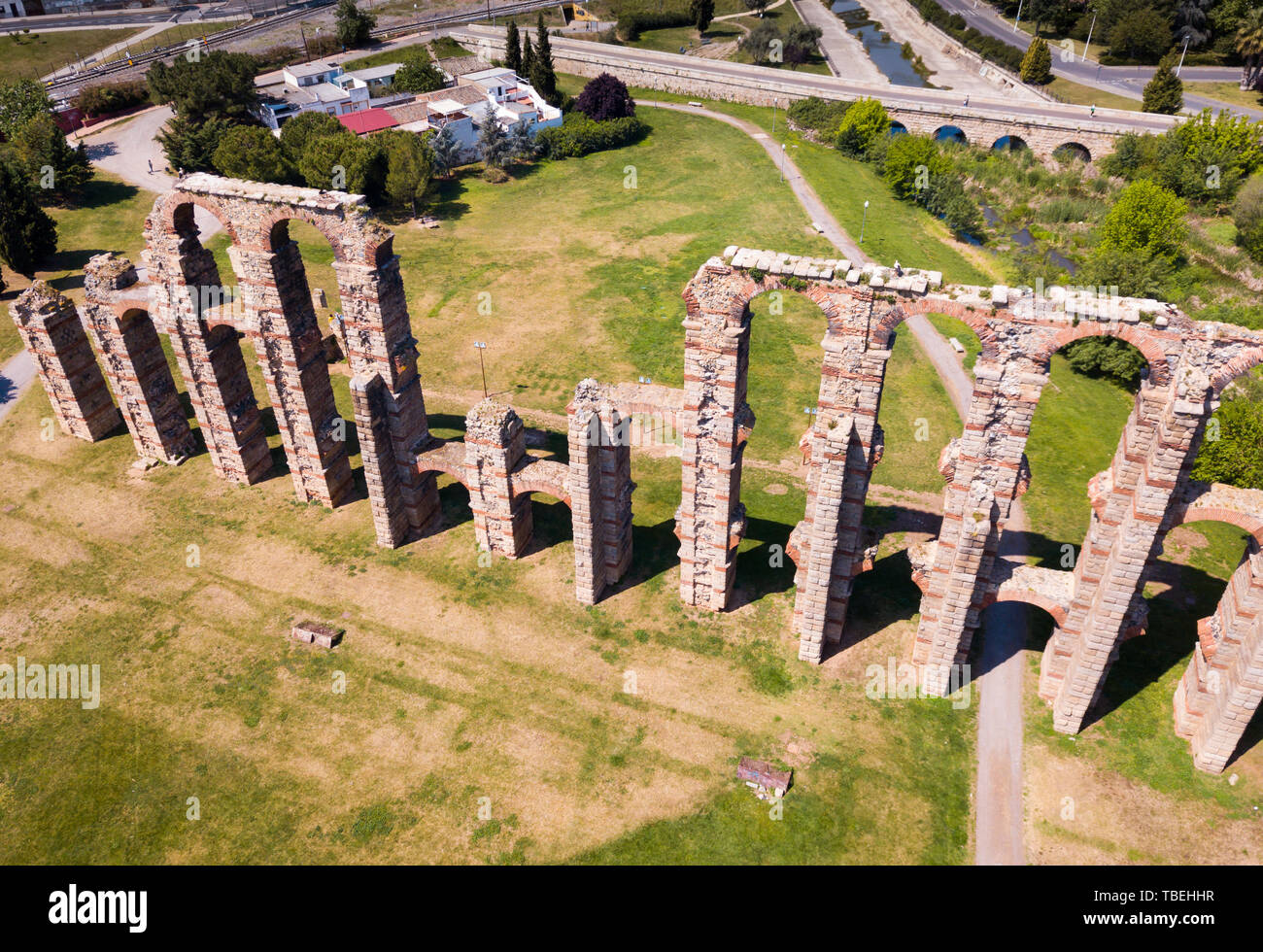 Aquädukt der Wunder in Merida, Panoramablick auf das Luftbild, Spanien Stockfoto