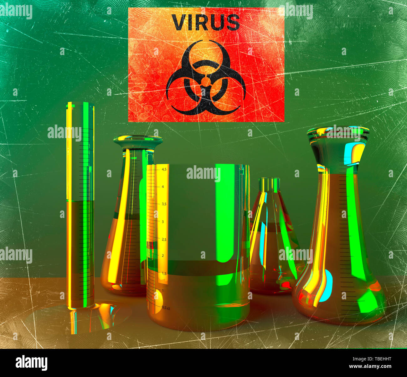 Labor- und biohazards Untersuchung, Analyse und Test mit Gefäße und Behälter für Flüssigkeiten, die auf einem Tisch. Viren und Bakterien, 3D-Rendering Stockfoto