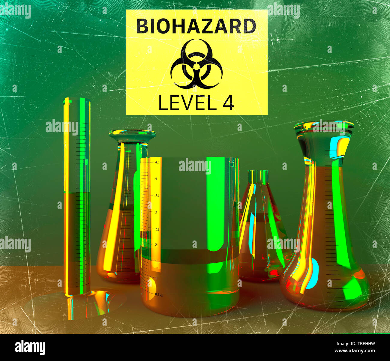 Labor- und biohazards Untersuchung, Analyse und Test mit Gefäße und Behälter für Flüssigkeiten, die auf einem Tisch. Viren und Bakterien, 3D-Rendering Stockfoto