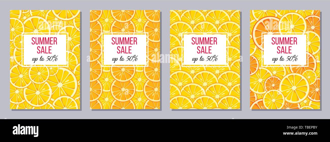 Satz Von Flyer Poster Banner Plakate Broschure Design Vorlagen A6 Grosse Summer Sale Hintergrunde Mit Zitrone Und Orange Fruchte Stock Vektorgrafik Alamy