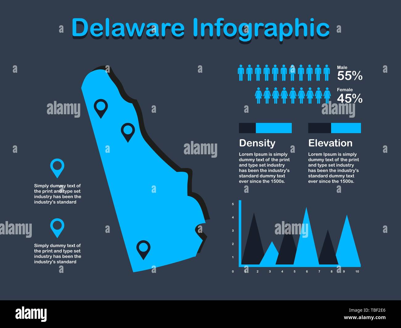 Delaware State (USA) Karte mit Infografik Elemente in blauer Farbe in dunklen Hintergrund. Moderne grafische Element für Ihre Konstruktion. Stock Vektor