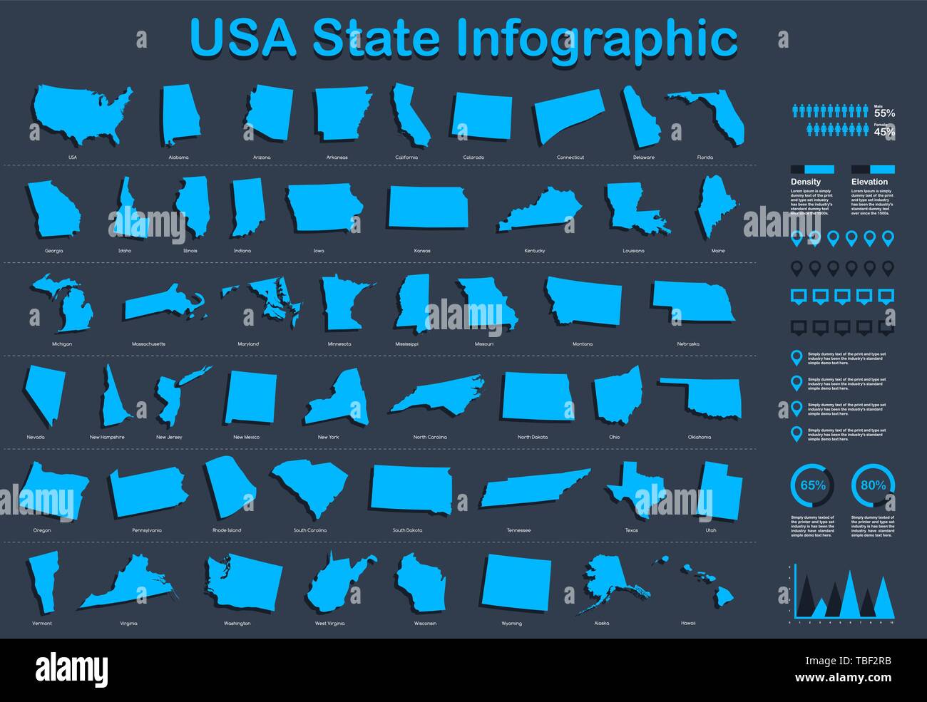 USA Alle staatlichen Karte mit Infografik Elemente in blauer Farbe in dunklen Hintergrund. Moderne grafische Element für Ihre Konstruktion. Stock Vektor