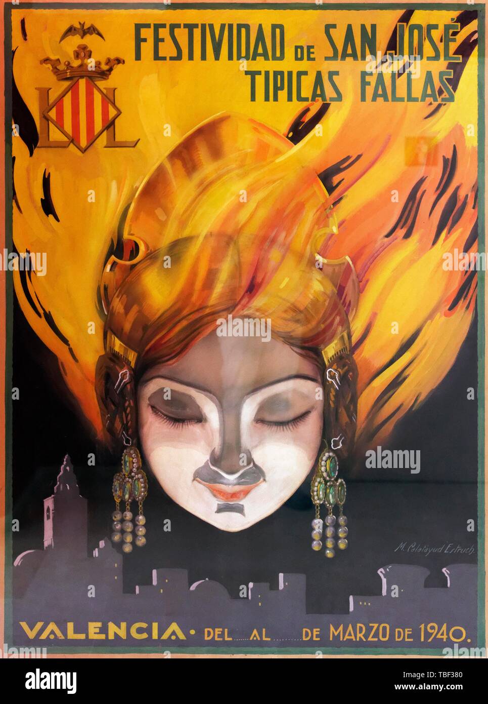 Historische Plakat für das Valencianische Frühlingsfest Fallas, Woman's Kopf in Flammen, Museo Fallero, Valencia, Spanien Stockfoto