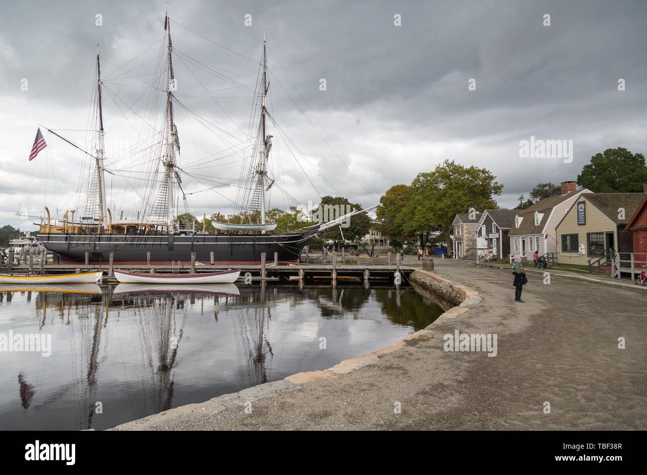 Freilichtmuseum Mystic Seaport, hintere Walfang Schiff, whaler Charles W. Morgan, Mystic, Connecticut, USA Stockfoto