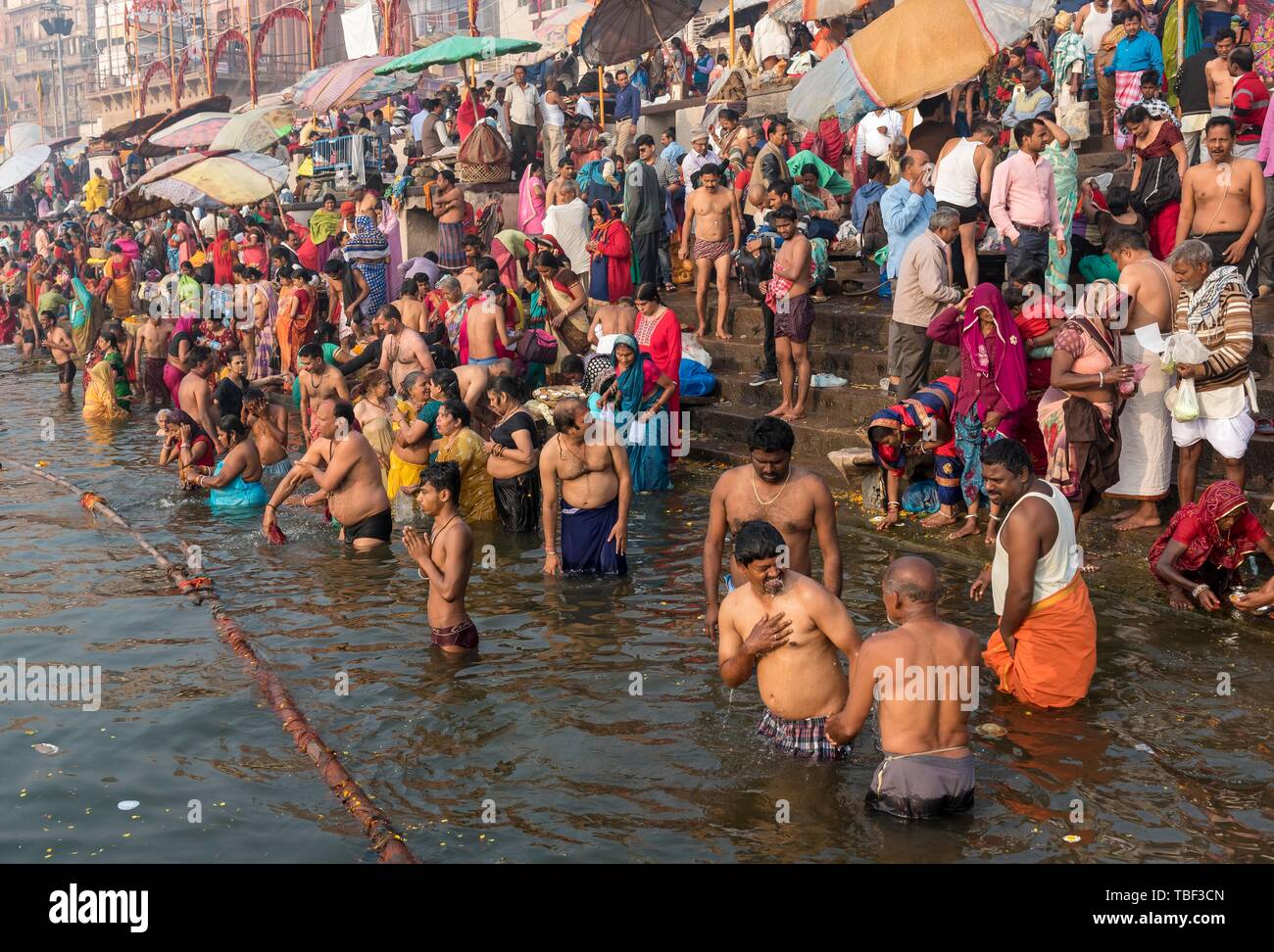 Hinduistische gläubige Badewanne und rituelles Bad und Puja Gebete bei ghats im Fluss Ganges, Varanasi, Uttar Pradesh, Indien durchführen Stockfoto