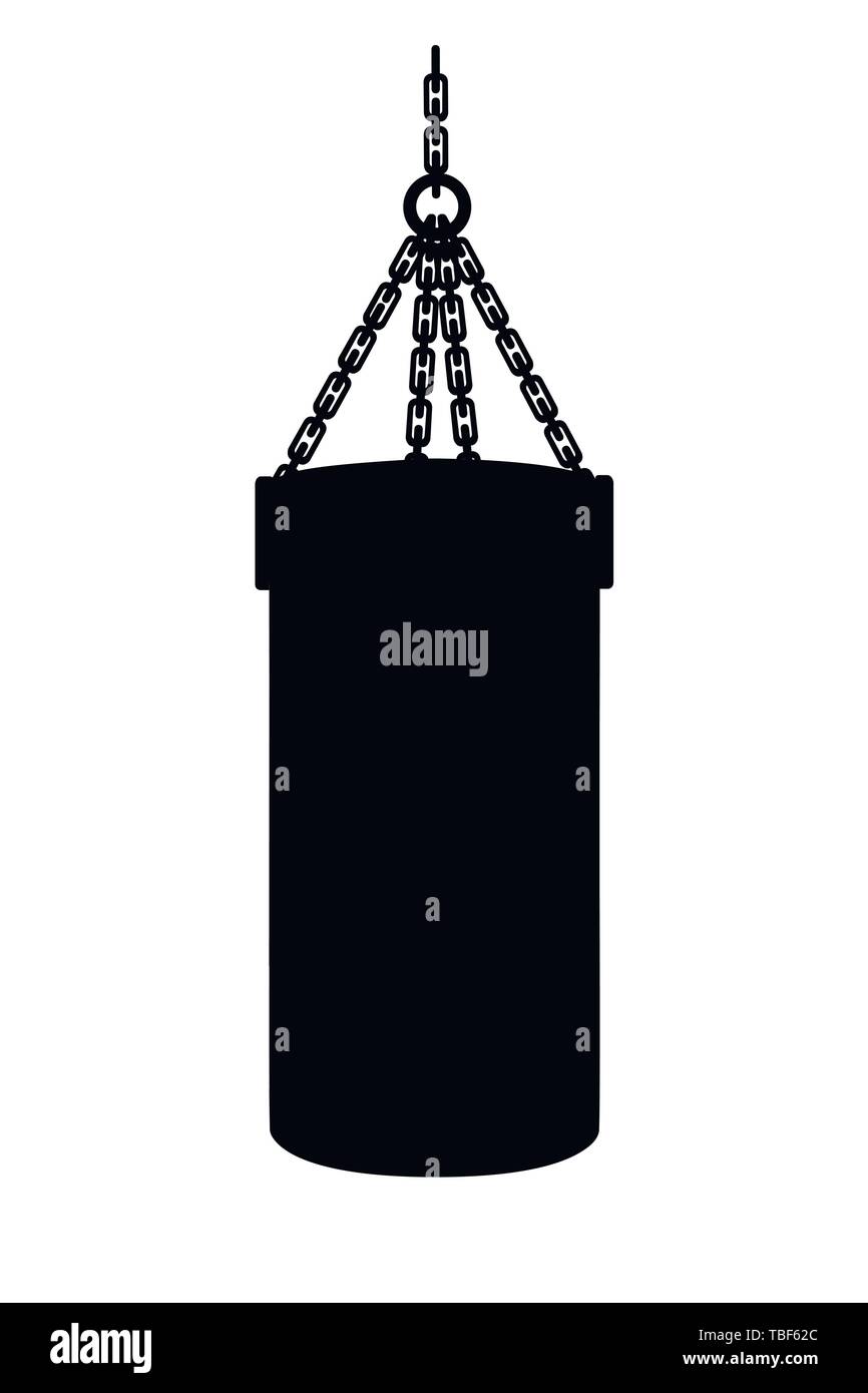 Schwarze silhouette Boxsack mit Ketten an der Decke flachbild Vektor-illustration hängen. Stock Vektor