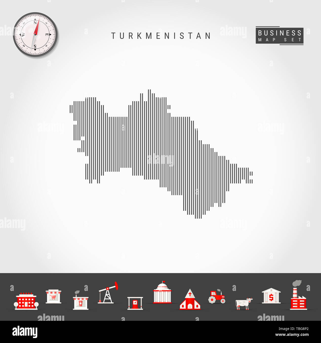 Vertikale Linien Muster Karte von Turkmenistan. Gestreift Einfache Silhouette von Turkmenistan. Realistische Kompass. Business Infografik Symbole. Stockfoto