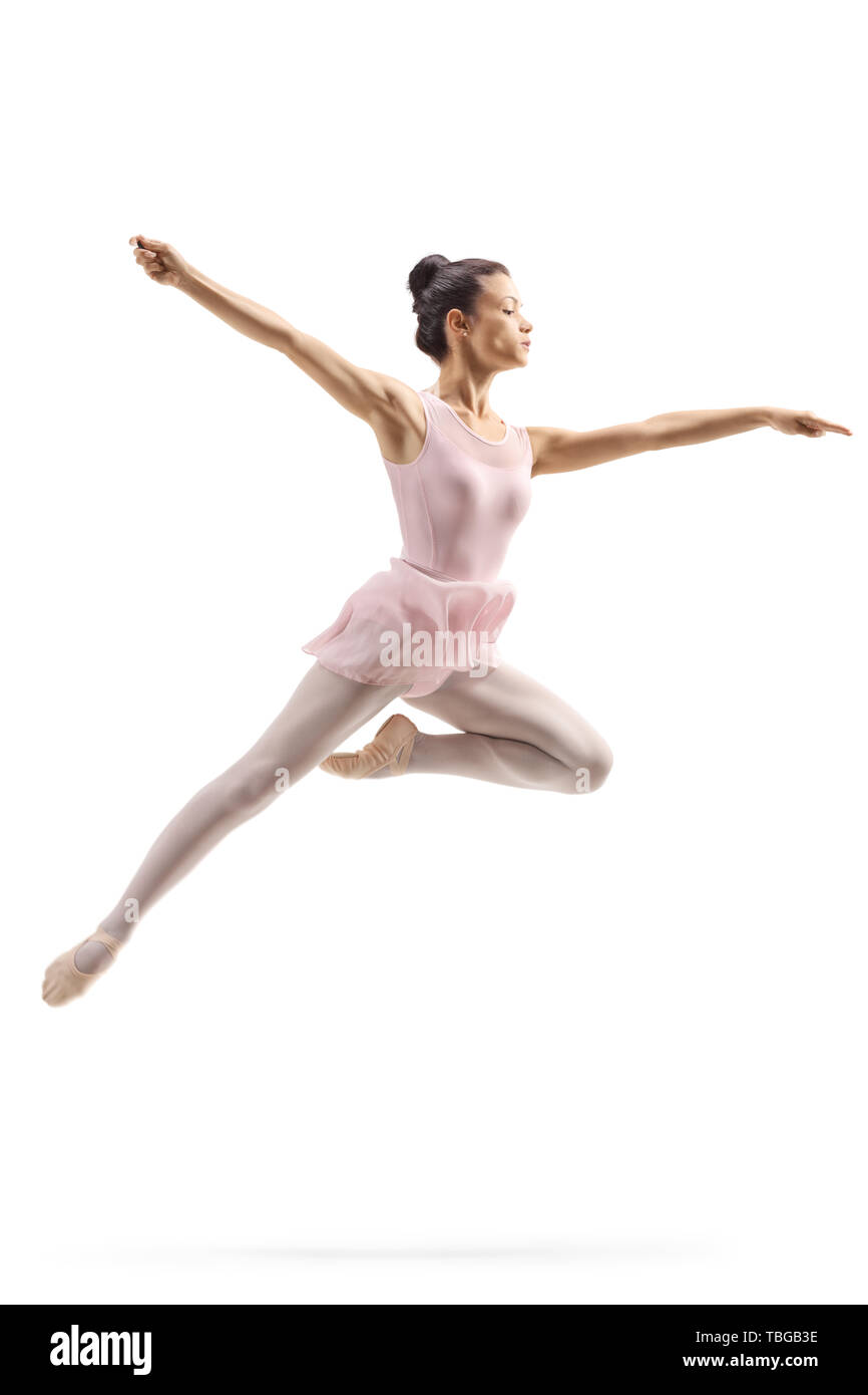 Volle Länge Schuß eines weiblichen Ballerina Durchführung einen Sprung auf weißem Hintergrund Stockfoto