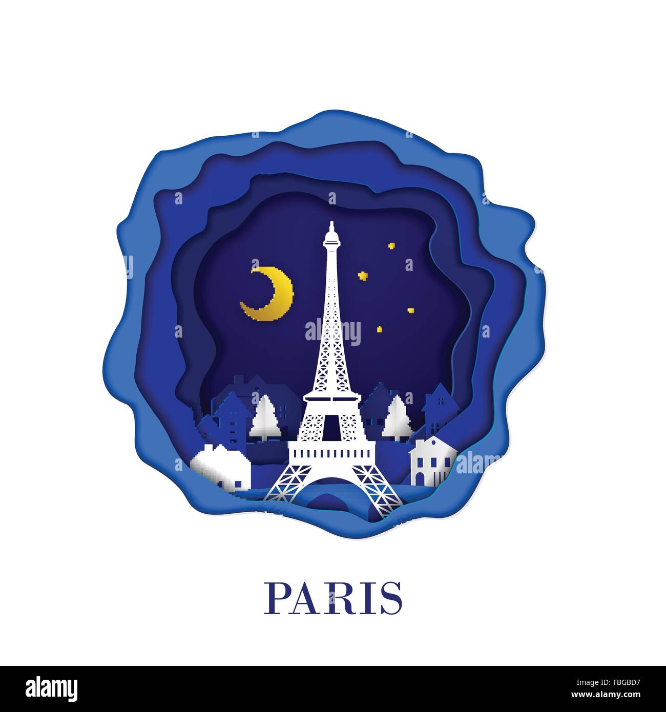Die Stadt Paris Frankreichs in digital Craft paper Art. Nacht Szene. Reise und Reiseziel Sehenswürdigkeit Konzept. Papercraft Stil Stock Vektor