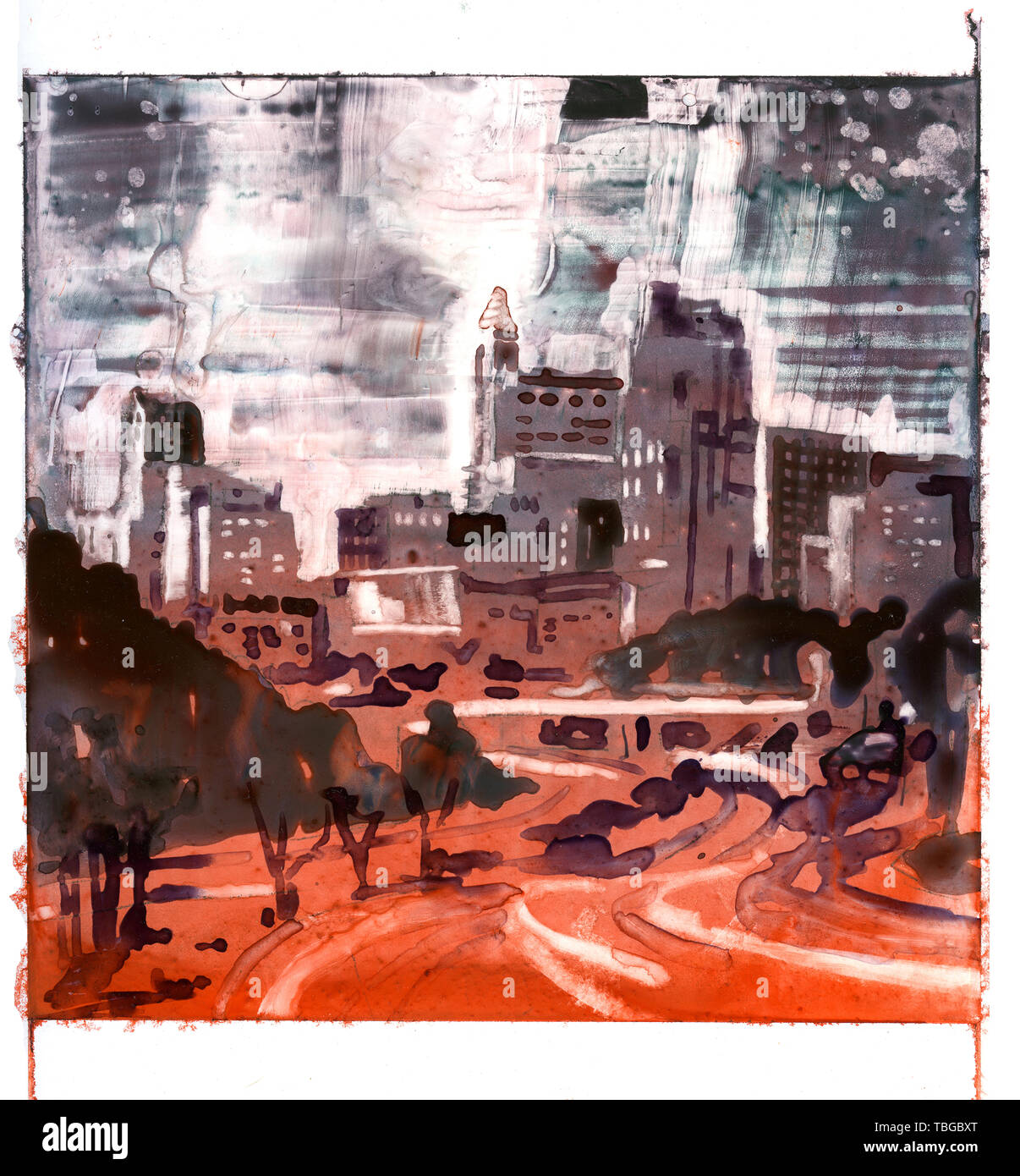 Representational abstraktes Aquarell, das auf YUPO synthetischem Oberfläche der Skyline der Innenstadt von Raleigh, NC im Morgengrauen - USA Stockfoto