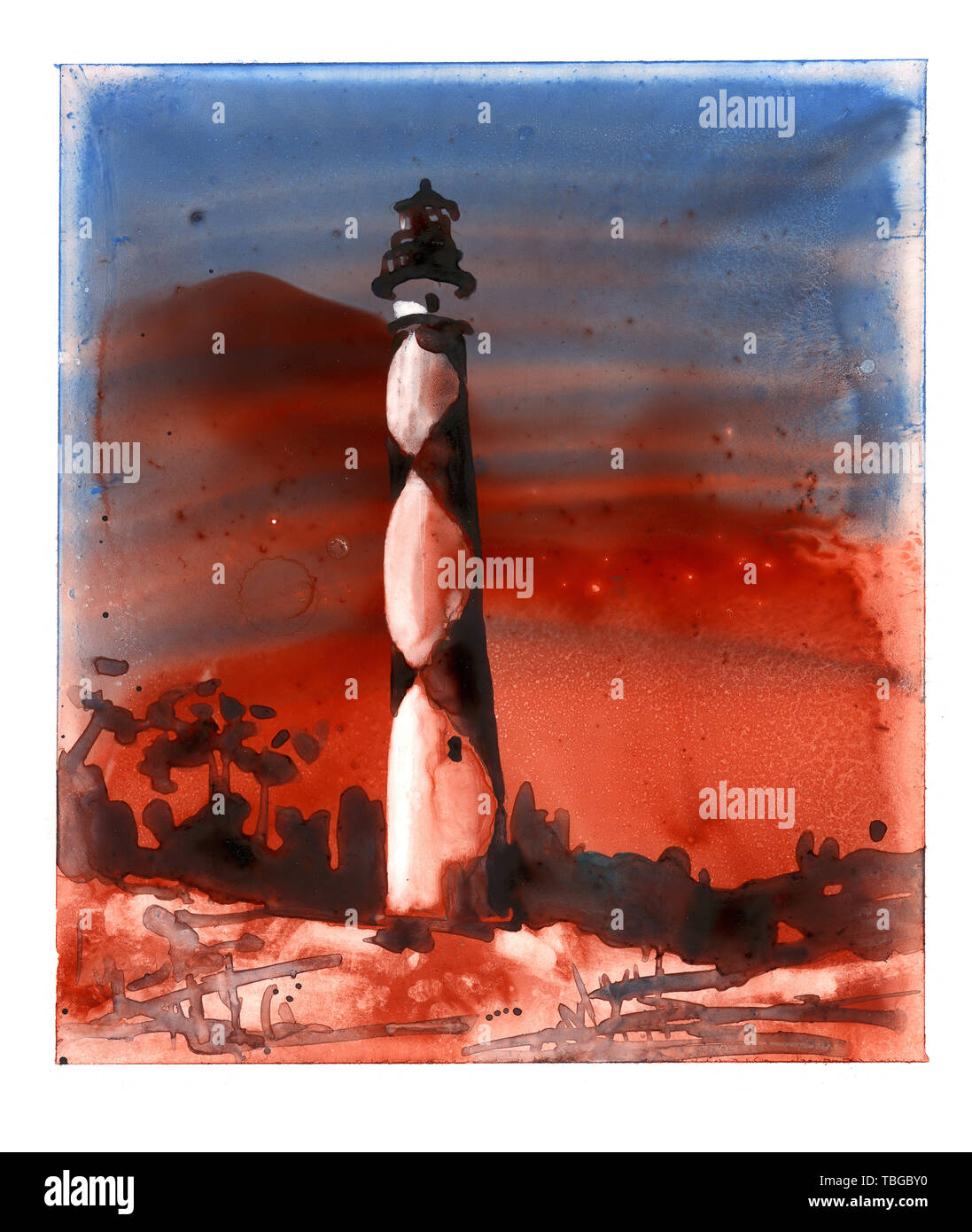 Kunst Aquarell, das auf YUPO synthetischem von Cape Lookout Leuchtturm auf den Outer Banks von North Carolina - USA Stockfoto