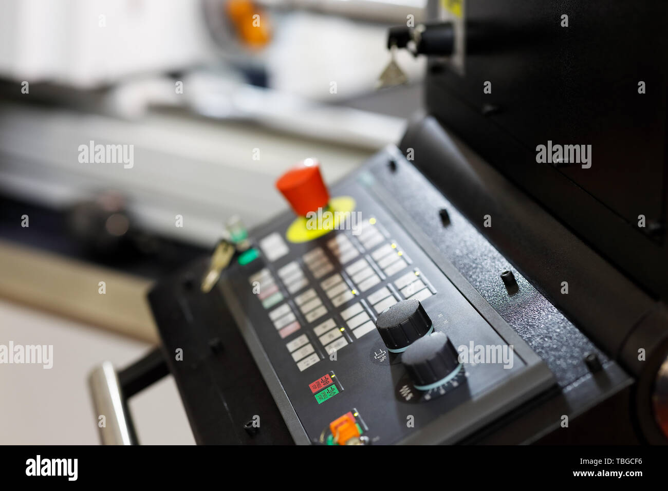 CNC-Maschine Control Panel. Detailansicht. Selektive konzentrieren. Stockfoto