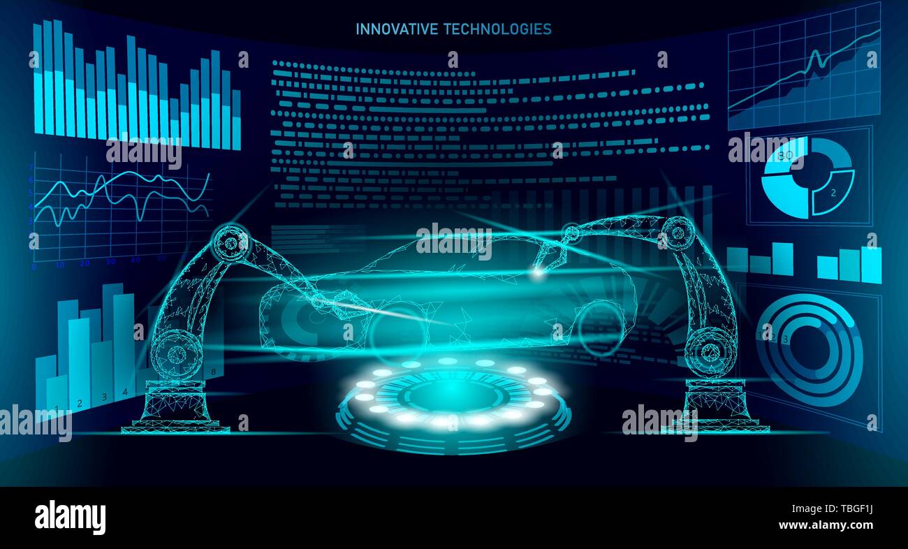 Low Poly Roboterarm Montage Fahrzeug Automatisierungstechnik. Industrie Fabrik Roboter Maschine Schweißer. Auto Body Welding android Hand polygon Blau Stock Vektor
