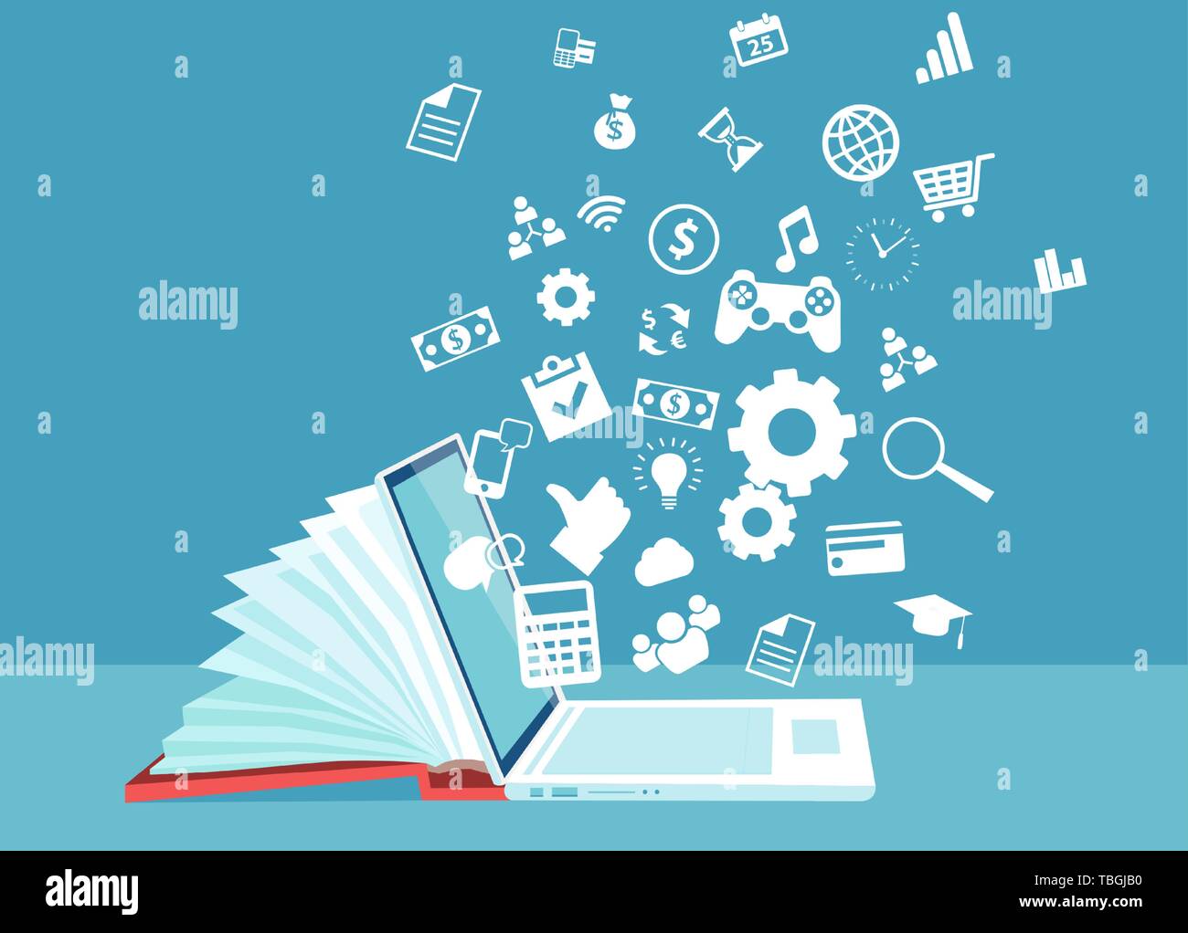 Digitale Bibliothek Konzept. Vektor eines Laptop als Teil eines Buches Knowledge Base Stock Vektor