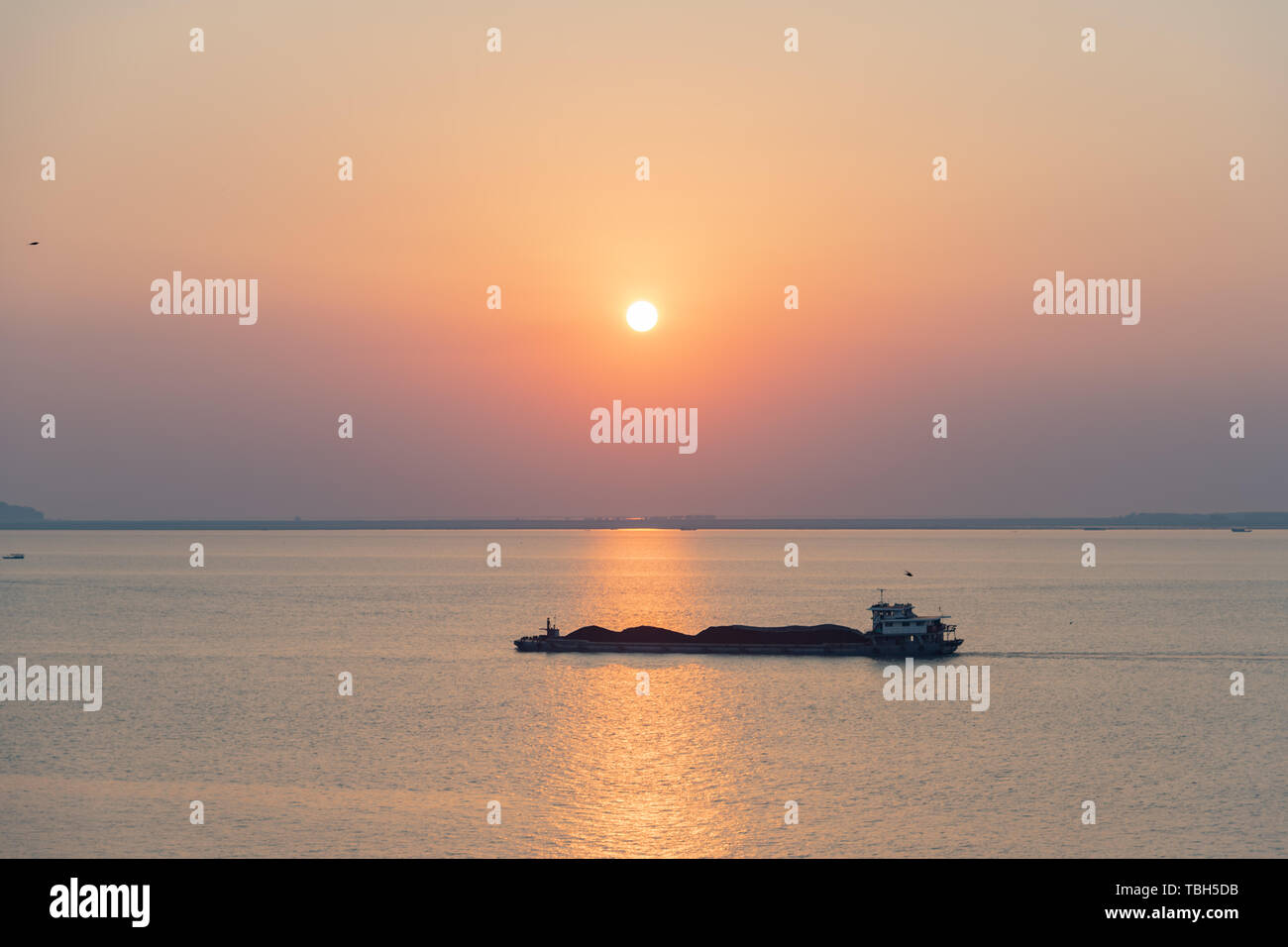 Sonnenuntergang Sonnenuntergang vogel Transportschiff bei Dongting See, Wuhan, Provinz Hunan Stockfoto