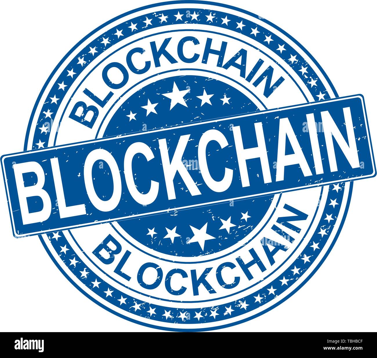 Blockchain Blauer runder Grunge Gummi web Stempel Stock Vektor