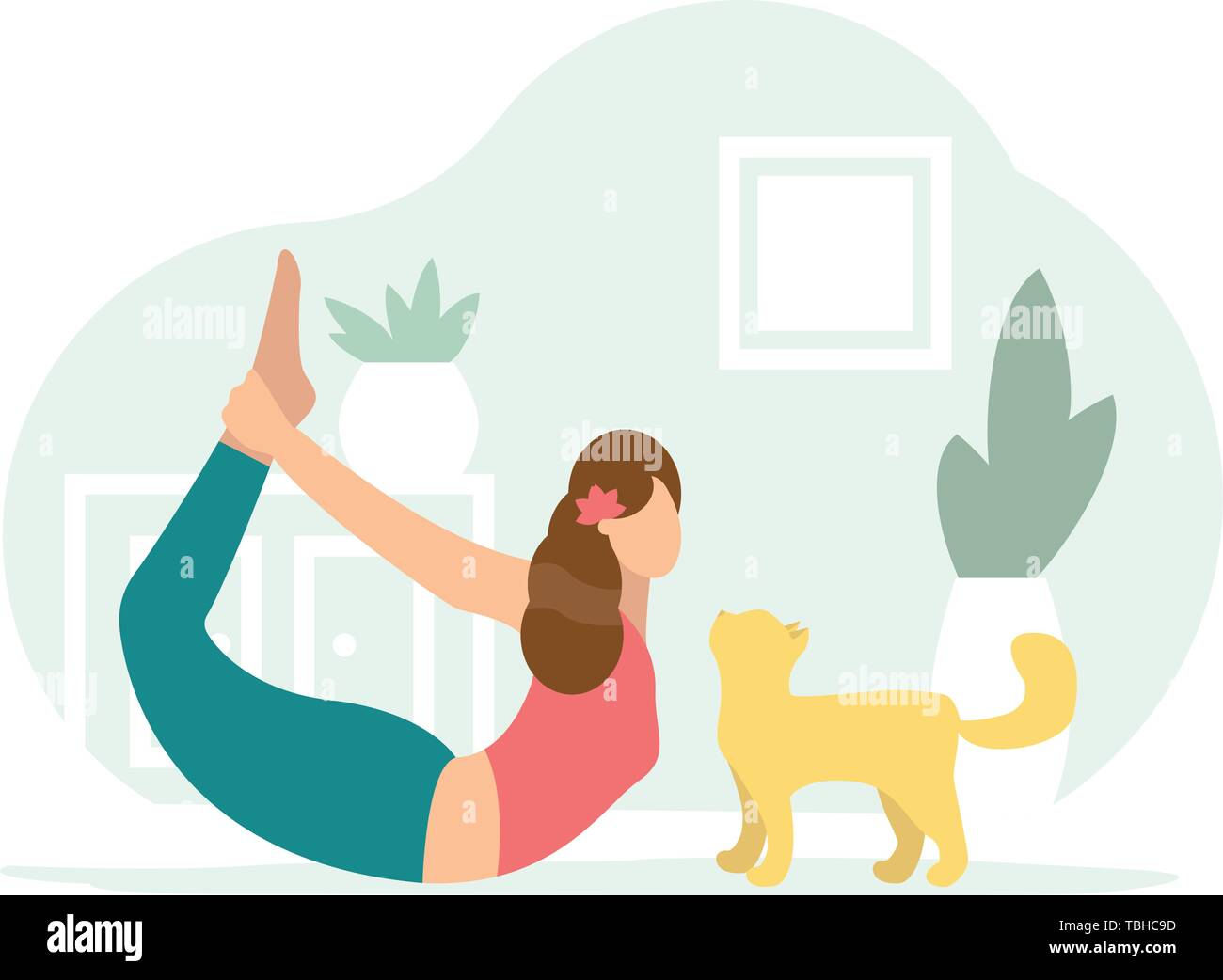 Bogen. Frau Yoga mit cat Stock Vektor