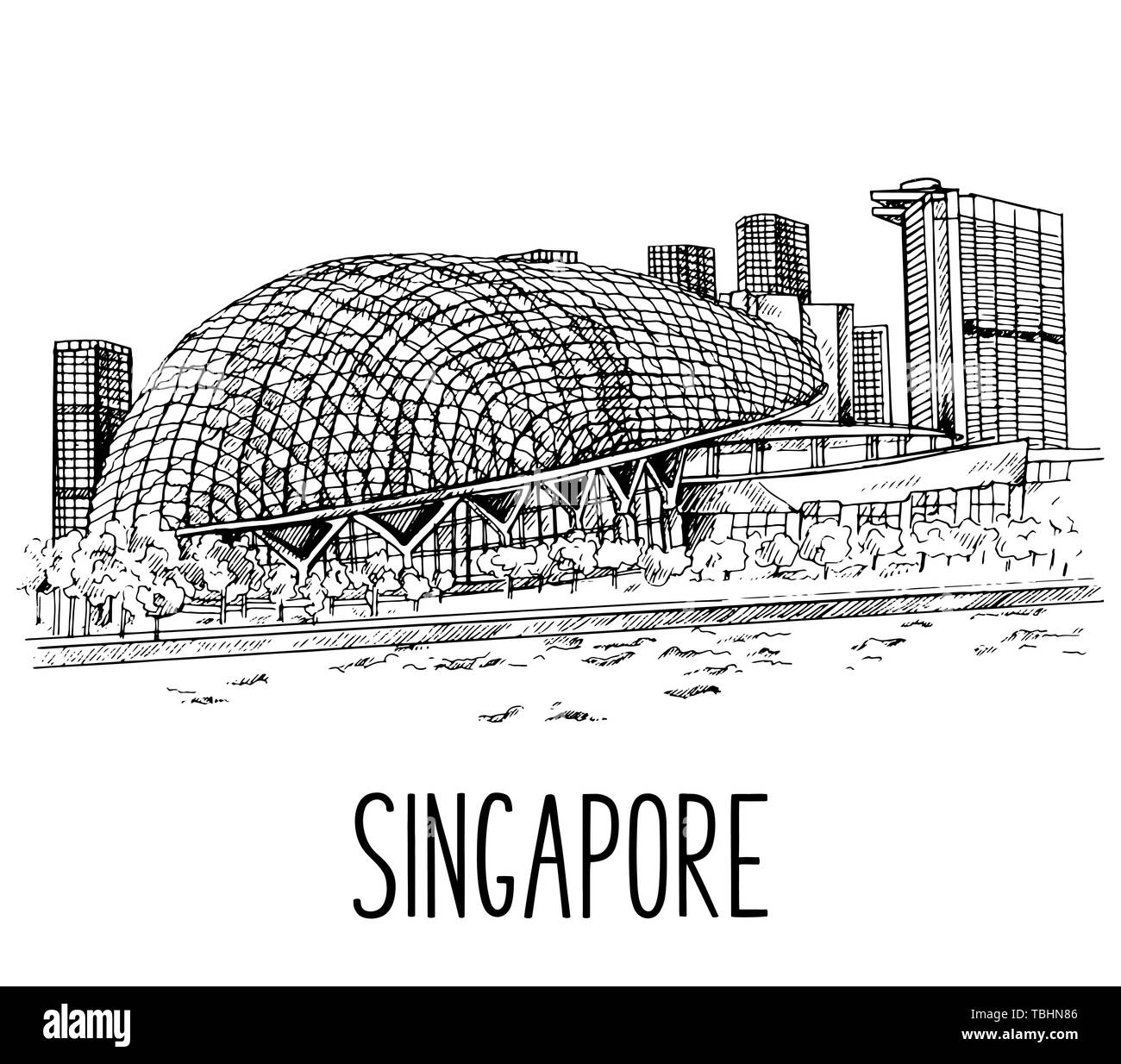 Handskizze stil Singapur Skyline der Stadt gezeichnet mit Esplanade Theatern auf weißem Hintergrund. Vector Illustration. Stock Vektor