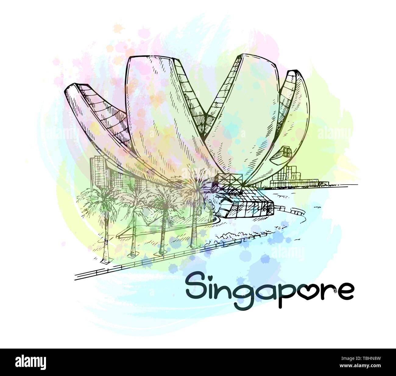 Hand gezeichnete Skizze stil Singapur Skyline der Stadt mit ArtScience Museum isoliert auf weißem Hintergrund. Vector Illustration. Stock Vektor