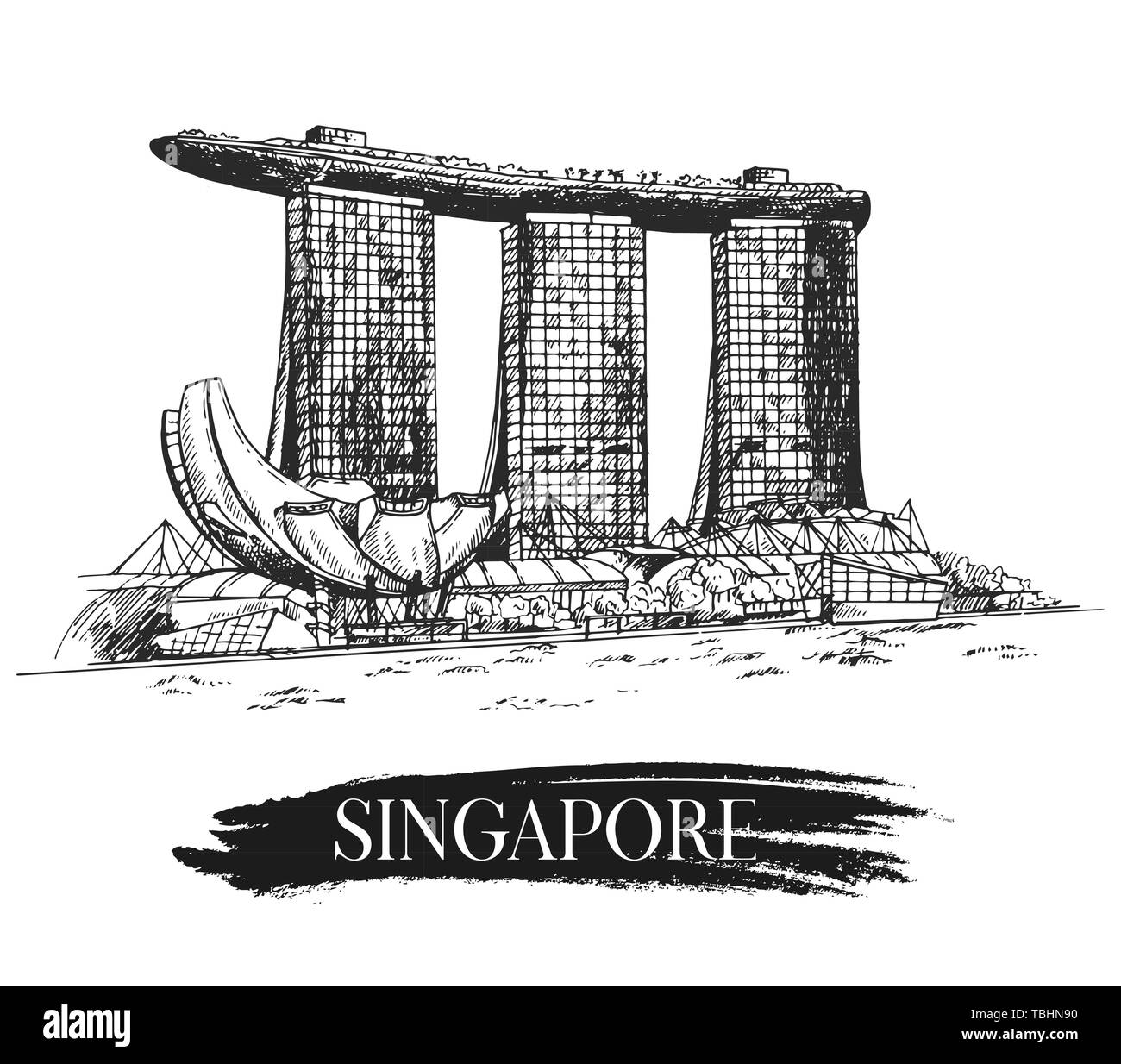 Handskizze stil Singapur Marina Bay City Skyline auf weißem Hintergrund dargestellt. Vector Illustration. Stock Vektor