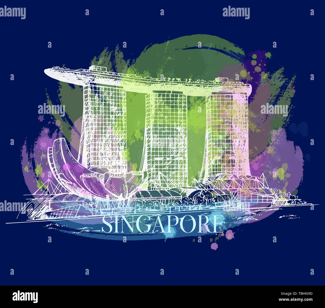 Handskizze stil Singapur Marina Bay Skyline der Stadt gezogen. Vector Illustration. Stock Vektor