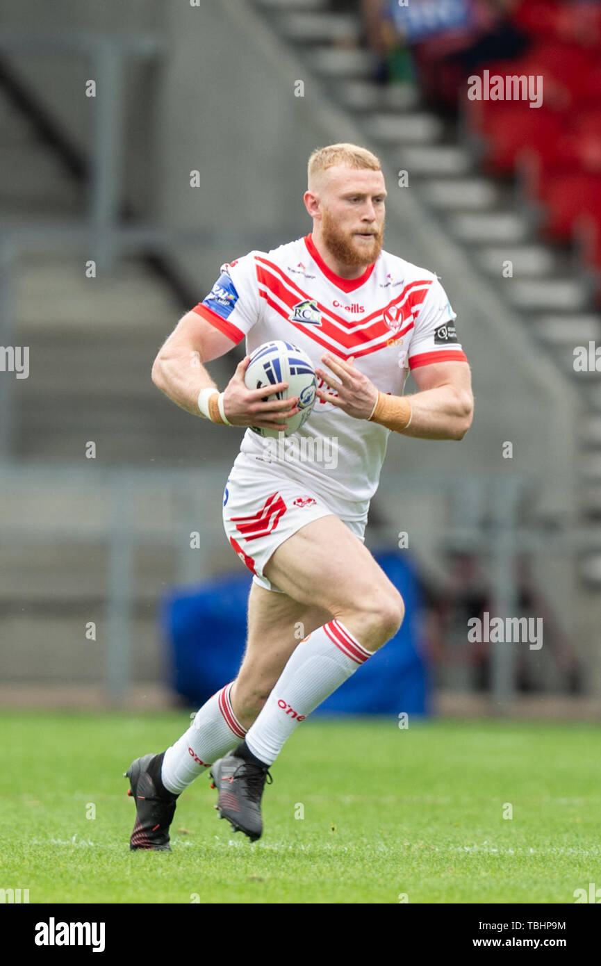 1. Juni 2019, total Gottlosen Stadium, St Helens, England; Coral Challenge Cup 2019, Viertelfinale, St Helens vs Wakefield Trinity; Lukas Thompson von St Helens Credit: Richard Long/News Bilder Stockfoto