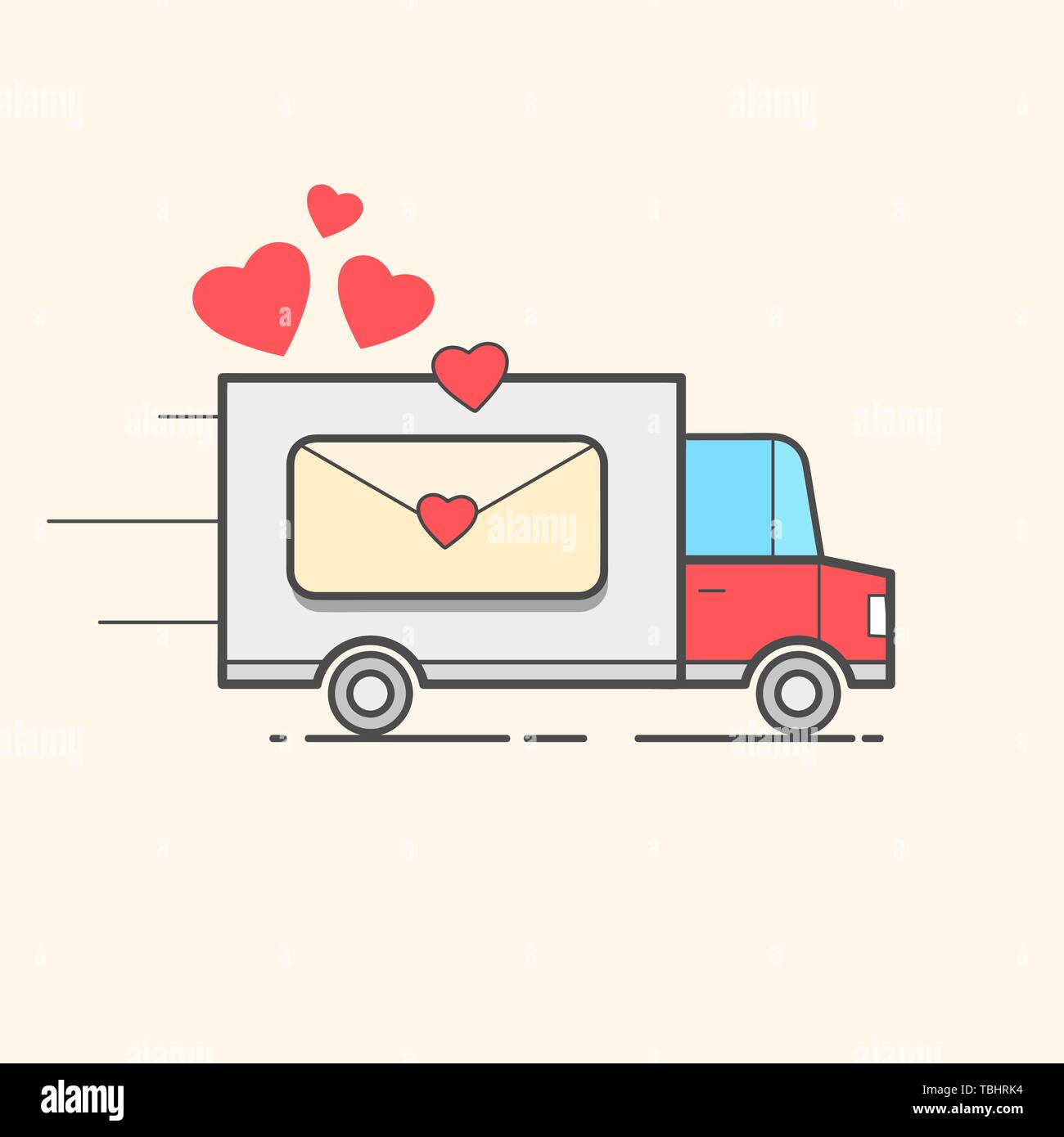 Karte der Valentinstag. Rote Lkw mit Herzen. Liebe Schriftzug Zitat