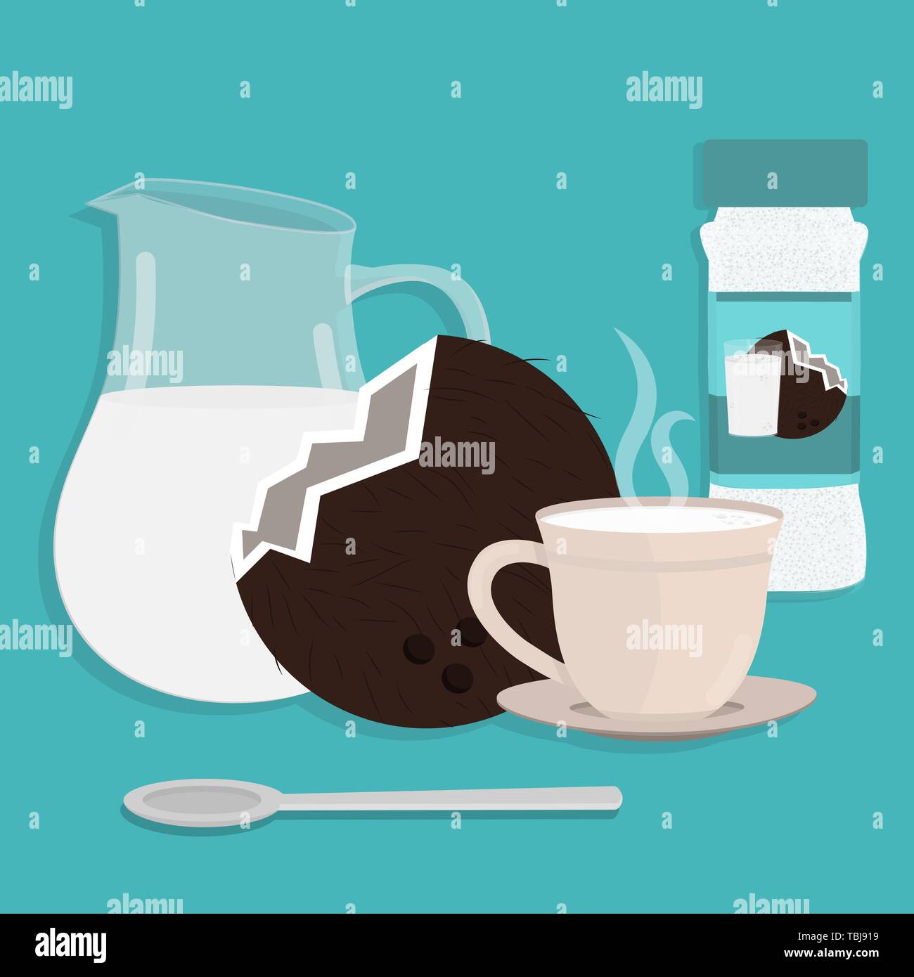 Krug Milch, heiße Tasse Kokosmilch und Kokosnuss Pulver Verpackung. Löffel in der Tasse. Blau backgroung. Stock Vektor