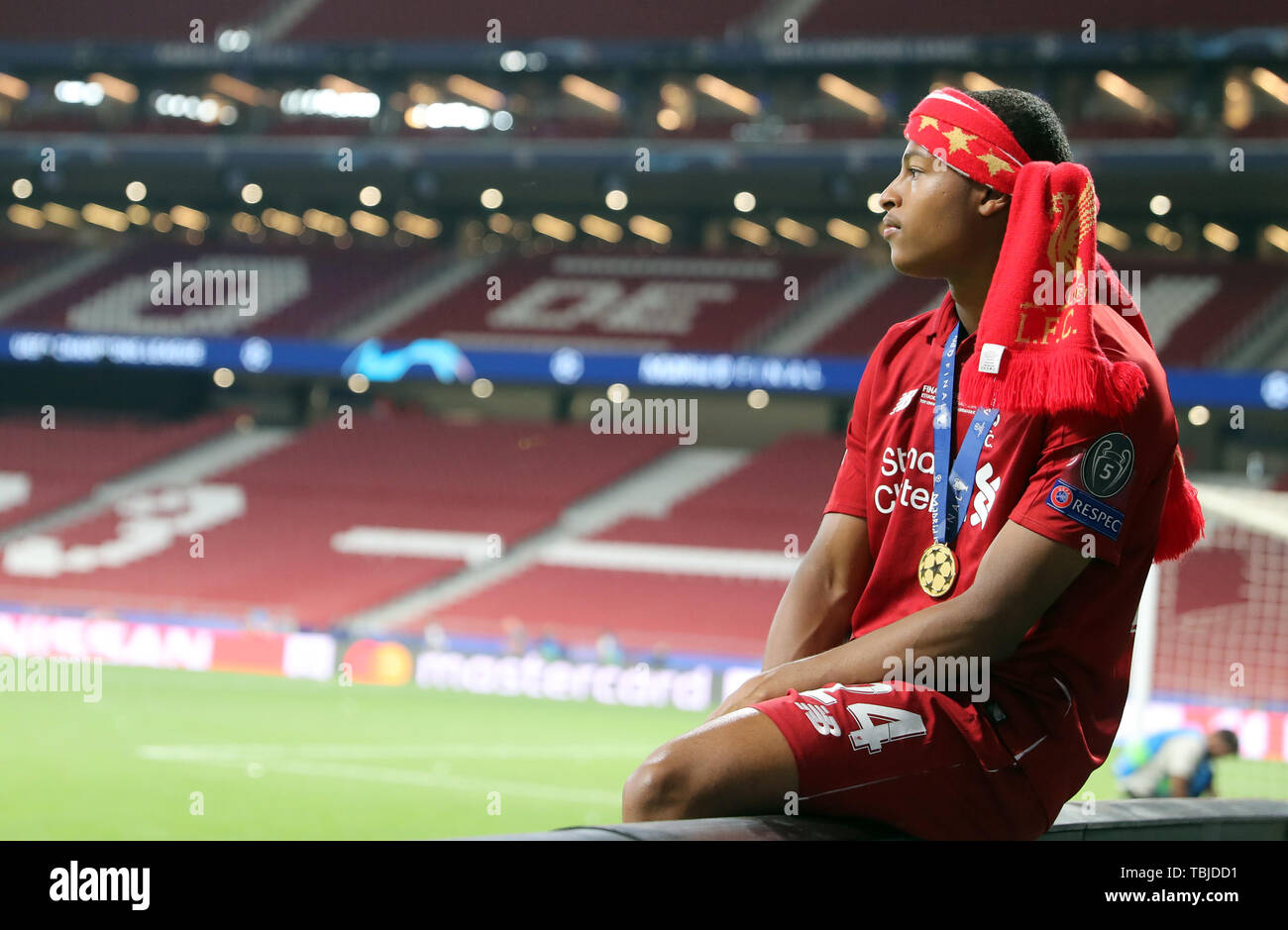 Madrid, Spanien. 02 Juni, 2019. Fussball: Champions League, Finale Tottenham Hotspur - FC Liverpool an Wanda Metropolitano Stadion. Rhian Brewster von Liverpool feiert den Sieg. Kredite: Jan Woitas/dpa-Zentralbild/dpa/Alamy leben Nachrichten Stockfoto