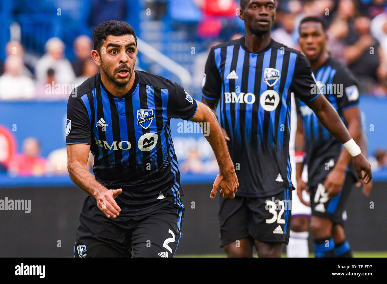 Montreal, Kanada. 01 Juni, 2019. Blick auf Montreal Impact defender Victor Cabrera (2) mit einem schwarzen Auge während Orlando Stadt SC am Montreal Impact Spiel bei Saputo Stadium in Montreal, Kanada. David Kirouac/CSM/Alamy leben Nachrichten Stockfoto