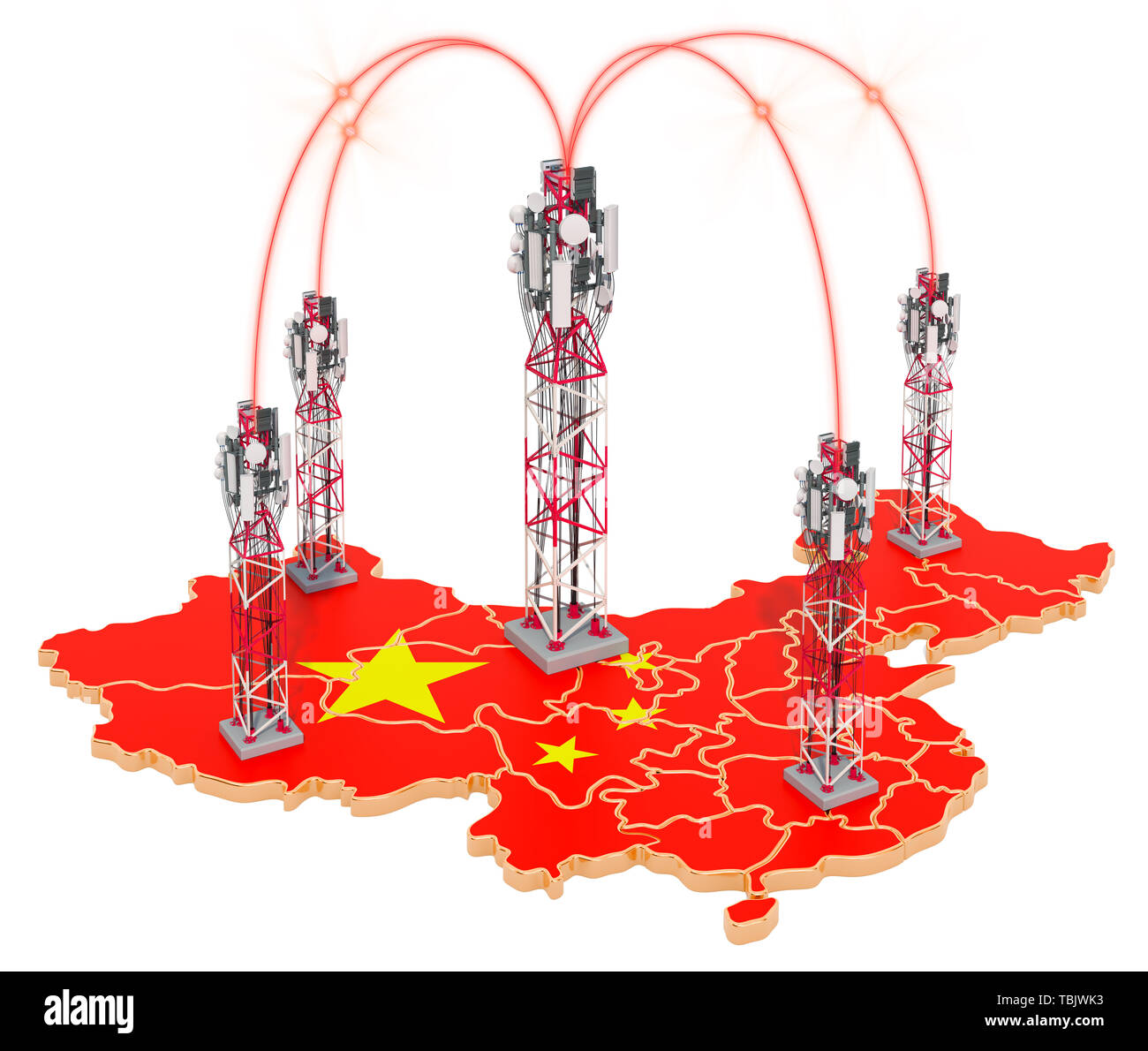 Die mobile Kommunikation in China, Sendemasten auf der Karte. 3D-Rendering auf weißem Hintergrund Stockfoto