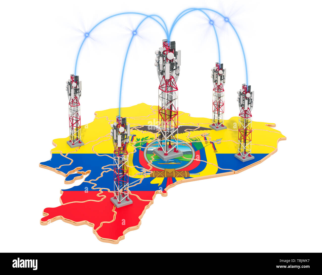 Die mobile Kommunikation in Ecuador, Sendemasten auf der Karte. 3D-Rendering auf weißem Hintergrund Stockfoto