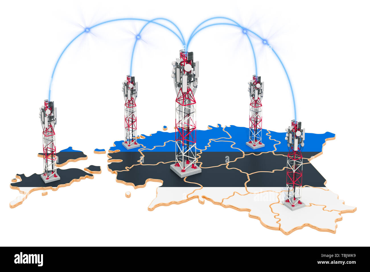 Die mobile Kommunikation in Estland, Sendemasten auf der Karte. 3D-Rendering auf weißem Hintergrund Stockfoto