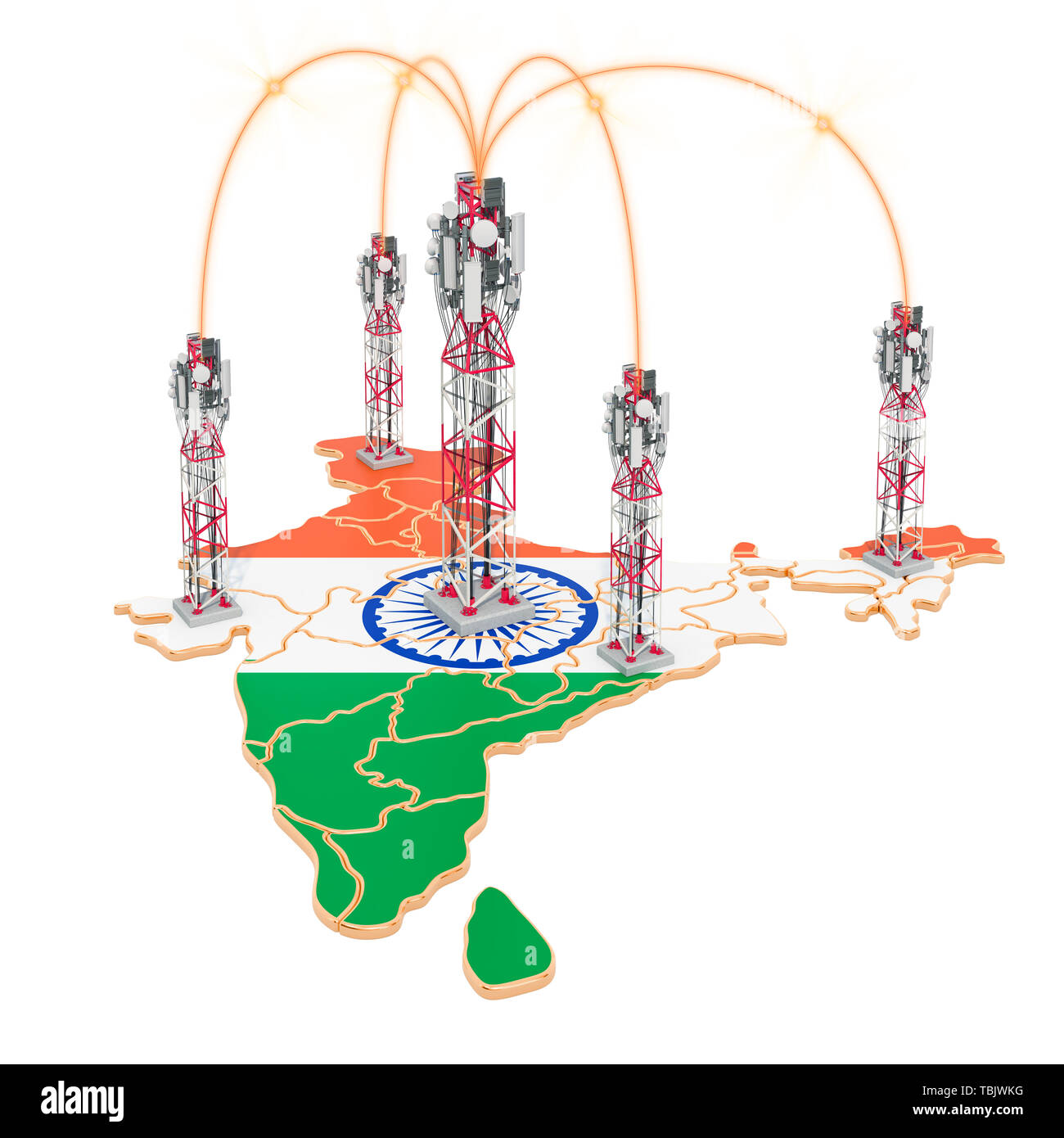 Die mobile Kommunikation in Indien, Sendemasten auf der Karte. 3D-Rendering auf weißem Hintergrund Stockfoto