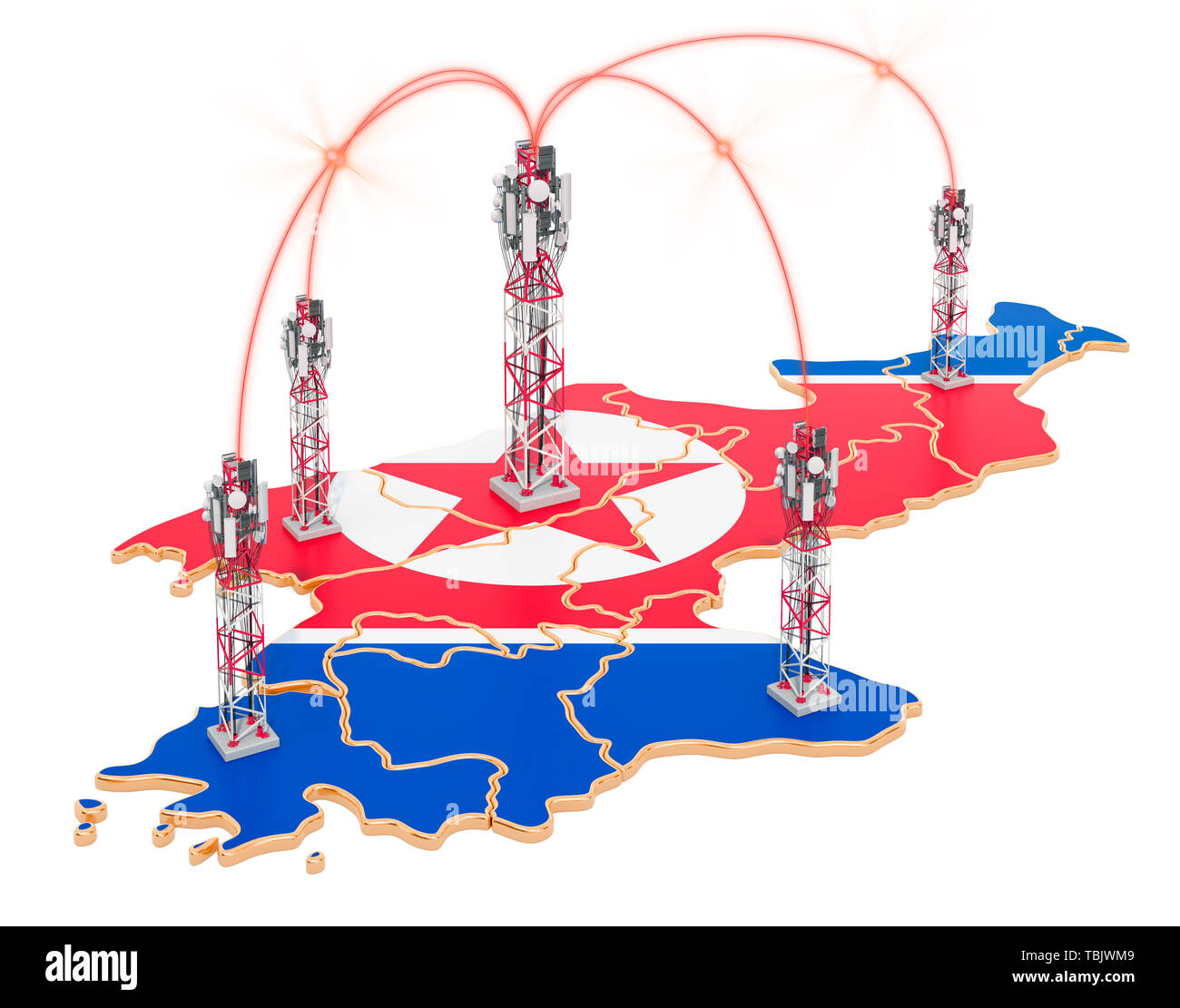 Die mobile Kommunikation in Nordkorea, Sendemasten auf der Karte. 3D-Rendering auf weißem Hintergrund Stockfoto