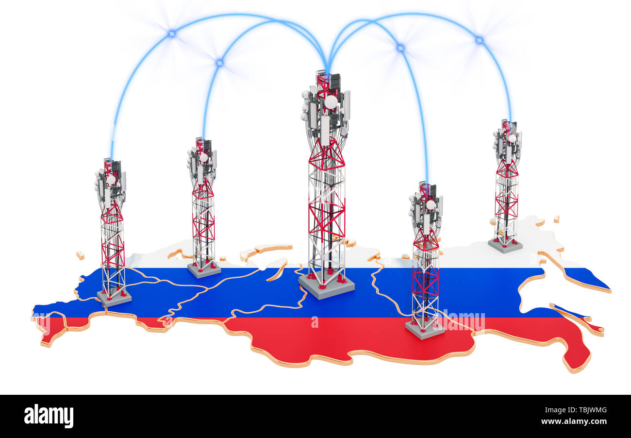 Die mobile Kommunikation in Russland, Sendemasten auf der Karte. 3D-Rendering auf weißem Hintergrund Stockfoto