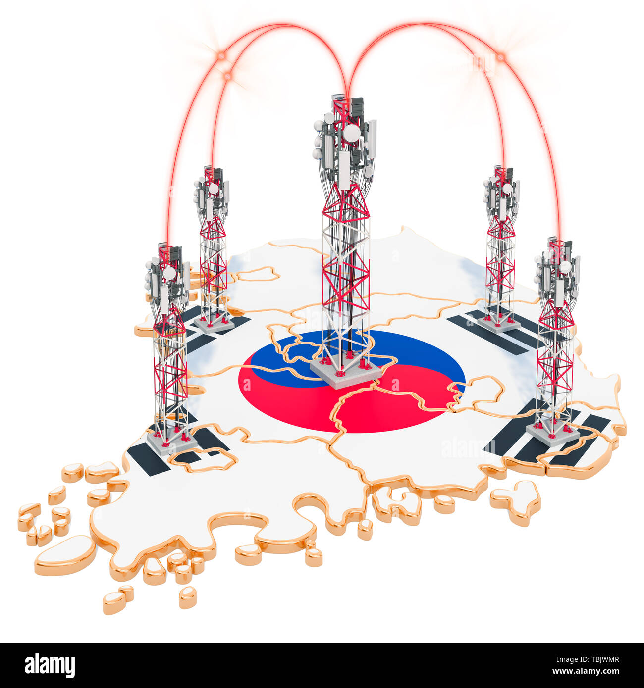 Die mobile Kommunikation in Südkorea, Sendemasten auf der Karte. 3D-Rendering auf weißem Hintergrund Stockfoto