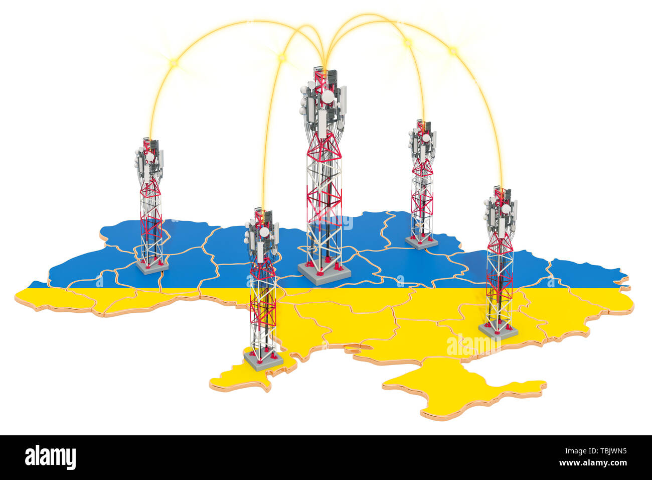 Mobile Kommunikation in der Ukraine, Sendemasten auf der Karte. 3D-Rendering auf weißem Hintergrund Stockfoto