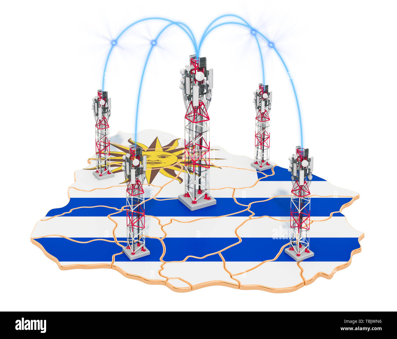 Die mobile Kommunikation in Uruguay, Sendemasten auf der Karte. 3D-Rendering auf weißem Hintergrund Stockfoto