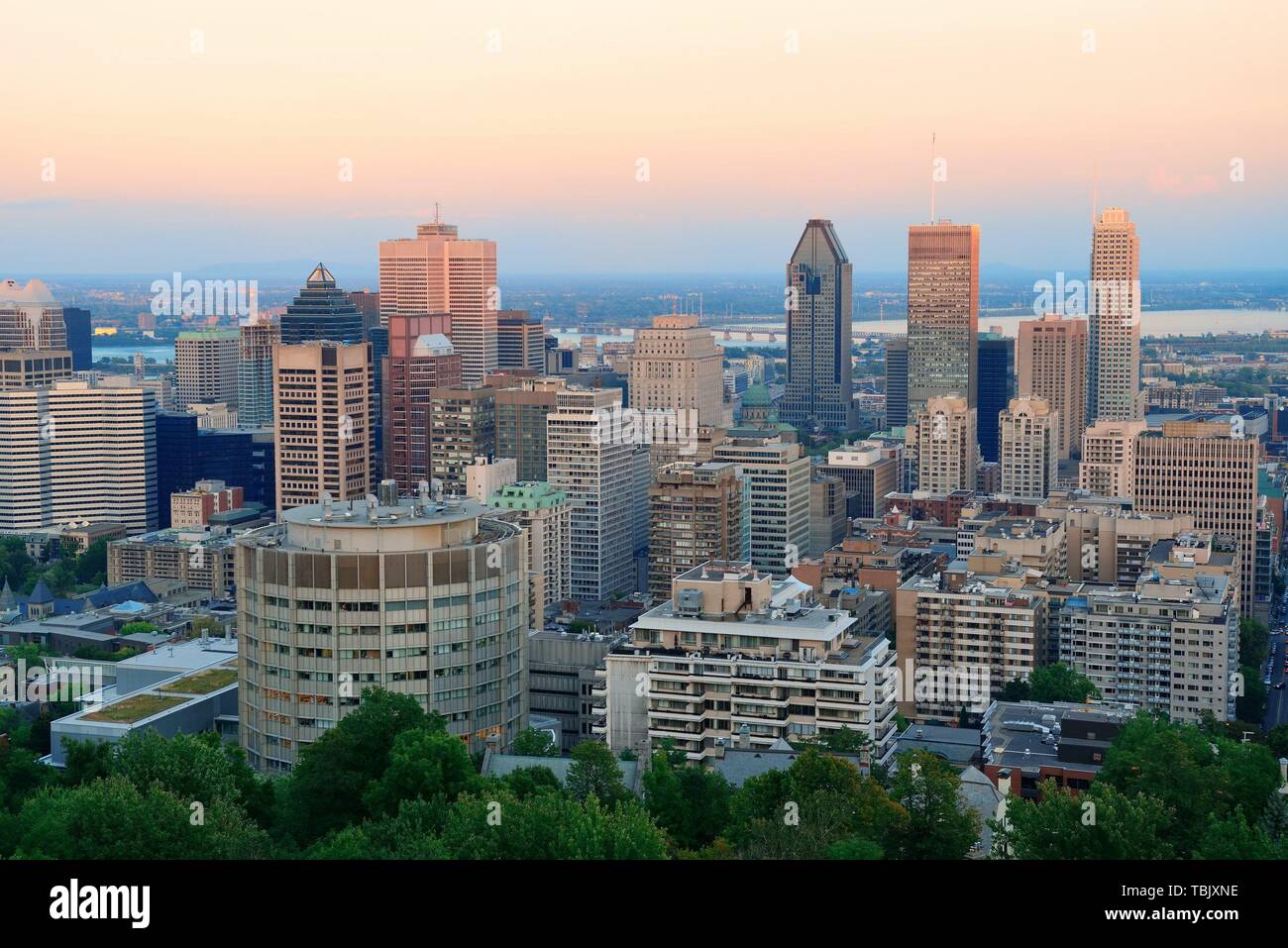 Skyline von Montreal bei Sonnenuntergang vom Mont Royal mit urbanen Wolkenkratzer angesehen. Stockfoto