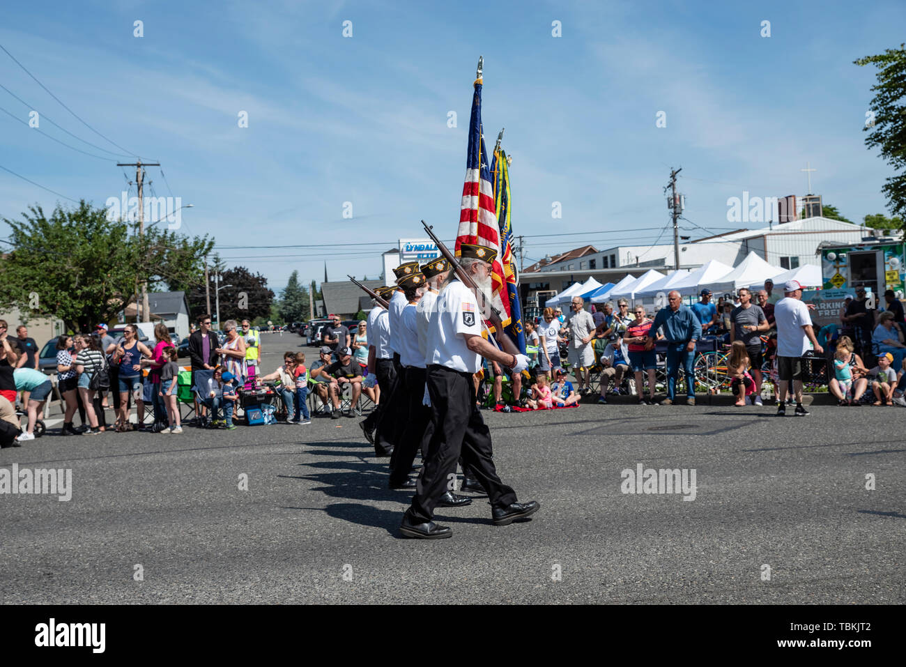 Kriegsveteranen Color Guard im Lynden Landwirte Day Parade. Lynden, Washington Stockfoto