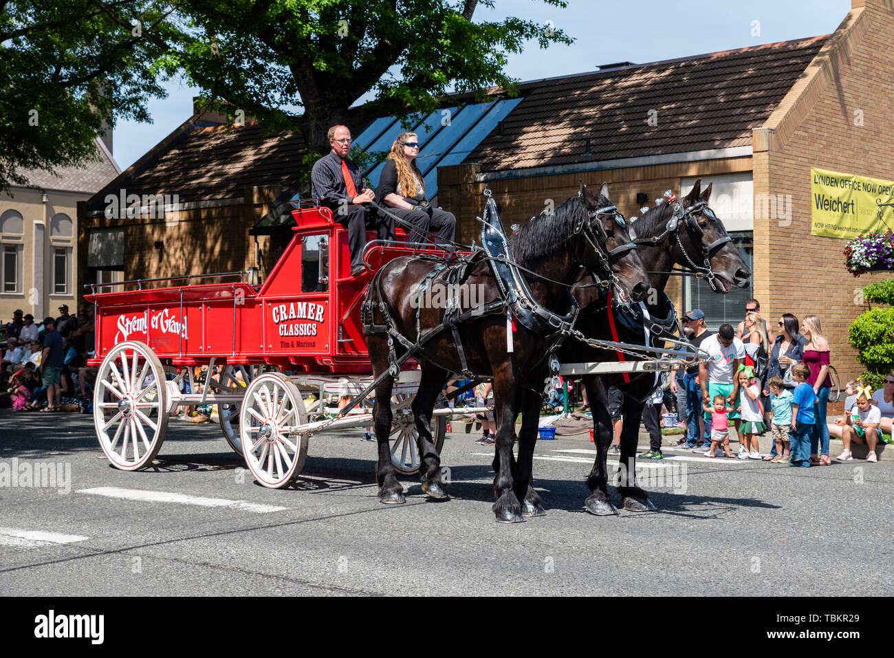 Von Pferden gezogene Wagen von stremler Kies im 2019 Lynden Landwirte Day Parade. Lynden, Washington Stockfoto