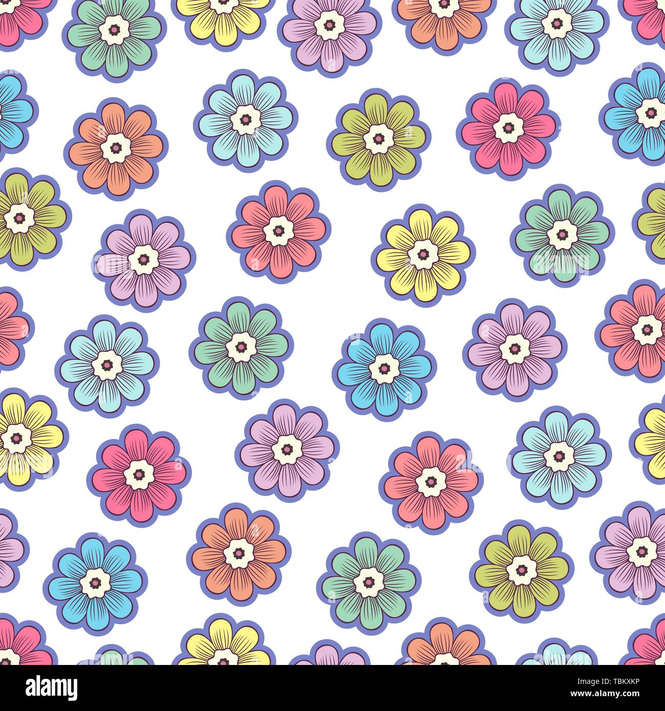 Doodle Blumen nahtlose Muster, bunt floral background. Mit violetten Strich Knospen auf weißen Hintergrund, von Hand zeichnen, Ornament für Stoff Bunt Stock Vektor