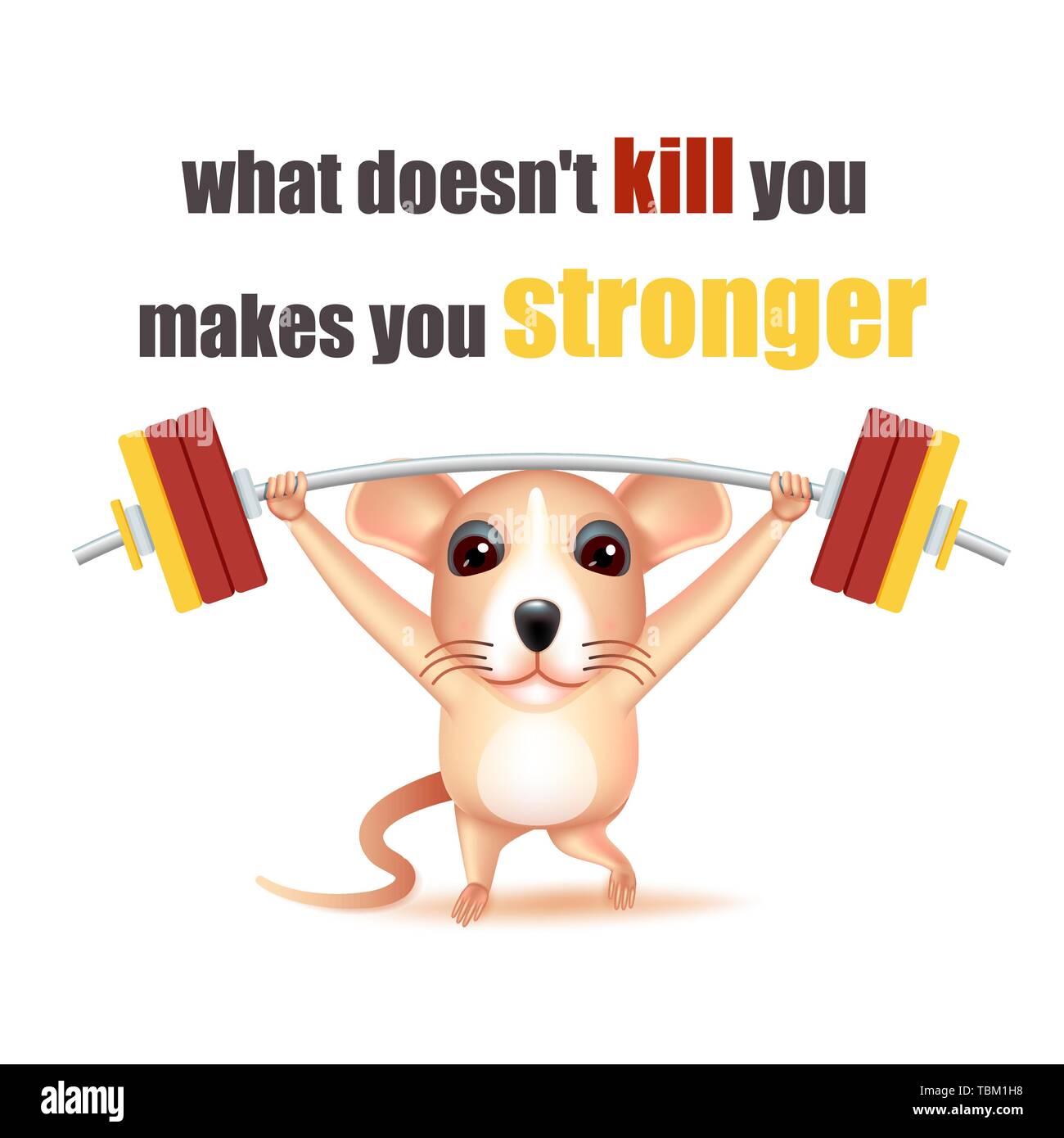 Süße Ratte exercing durch Anheben der Gewichte mit ermutigenden Nachrichten auf weißem Hintergrund. Vector Illustration. Stock Vektor