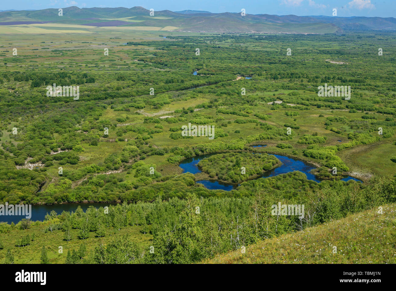 Landschaft der Gen River Wetland Prairie, hulunbuir City, Innere Mongolei Stockfoto