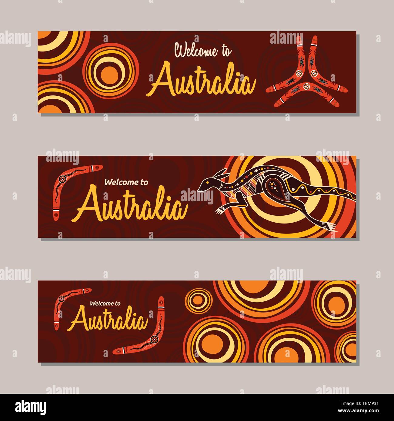 Horizontale banner Vorlagen in der australischen Aborigines Stil. Kangaroo, Boomerang, stilisierte Sonne, dekorative Elemente. Inschrift Willkommen. Vector Farbe. Stock Vektor