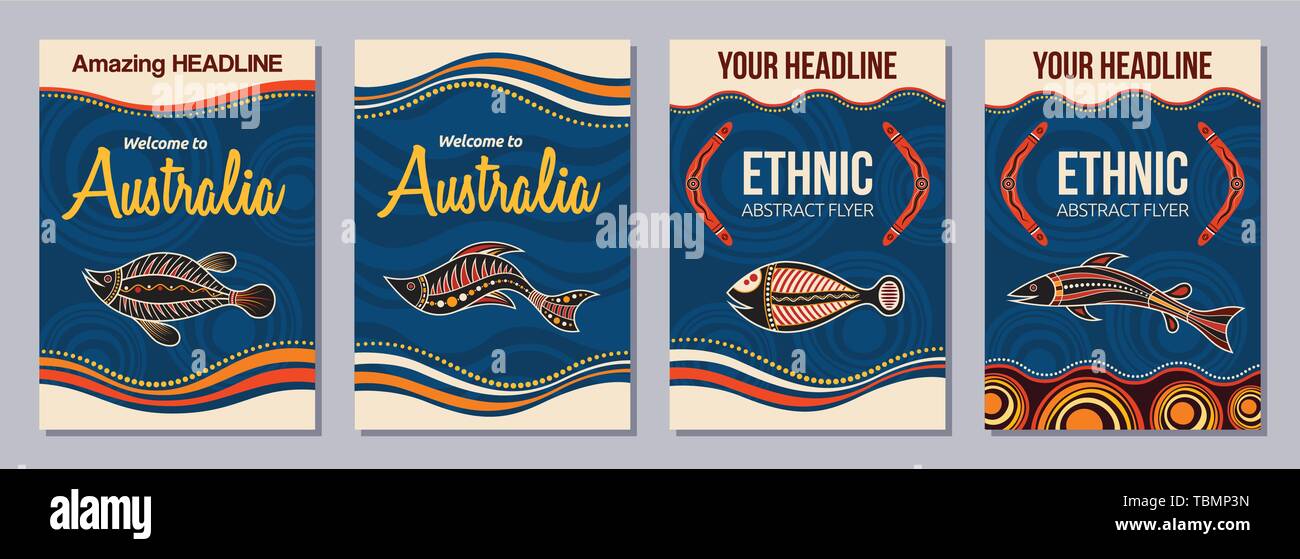 Abstrakte farbenfrohe Flyer, Poster, Banner, Plakate, Broschüre Design vorlagen A6 Größe. Ethnischen stil Broschüre vorlagen. Aboriginal Art. Stock Vektor