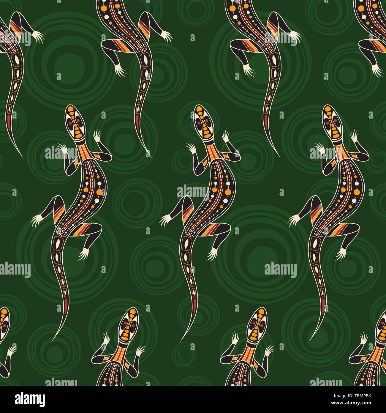 Nahtlose Muster von Eidechsen mit abstrakten Kreise auf Hintergrund. Australische Kunst der Aborigines Malerei Stil. Vector Farbe Hintergrund. Stock Vektor