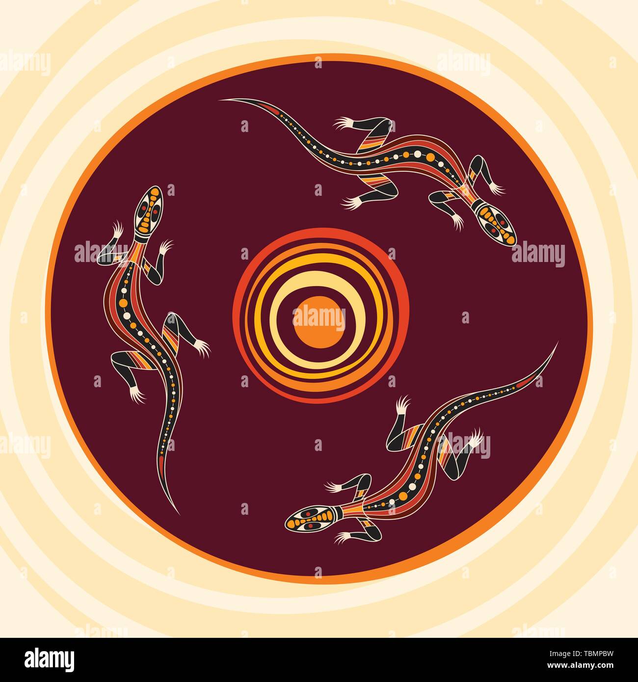 Еhree Eidechsen krabbeln um die Sonne. Aboriginal Art. Vektor abstrakte farbenfrohe Illustrationen. Stock Vektor